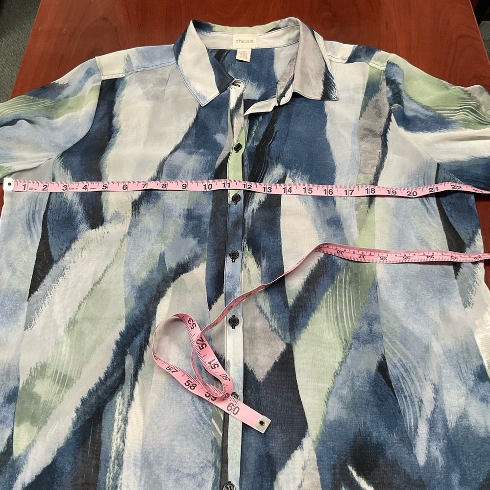 Chico's Bliss Annika Sheer Tunic Abstract Print Blouse Blue Sz 12 (M) Chico’s 2) - Picture 3 of 10
